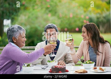 Toasten des Mannes der Stunde. Eine kurze Aufnahme einer Familie, die im Freien ein Geburtstagsessen genießt. Stockfoto