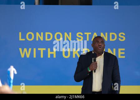 London, Großbritannien, 26.. März 2022. Der Abgeordnete David Lammy spricht bei einer Friedenskundgebung in der Ukraine an die Menge. Tausende versammelten sich, um Solidarität mit der Ukraine zu zeigen, bei einer Veranstaltung im Zentrum von London, die von der Europäischen Bewegung organisiert und vom Bürgermeister von London unterstützt wurde. Einen Monat nach der russischen Invasion forderte der ukrainische Präsident Wolodymyr Zelenskyy die weltweiten Proteste, um den Krieg zu beenden. Quelle: Elft Hour Photography/Alamy Live News Stockfoto