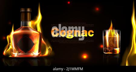 Cognac in Flasche und Glas mit Feuer geschossen. Vektor realistisches Markenplakat von Scotch, Whiskey, Brandy oder Bourbon, Alkoholgetränk mit glühender Flamme. P Stock Vektor