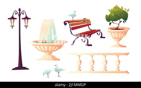 Stadtpark mit Brunnen, Bank, Straßenlaterne und Vintage Zaun. Vektor Cartoon Set von Gartenmöbeln für Garten oder Meer mit Dekoration und Möwe Stock Vektor