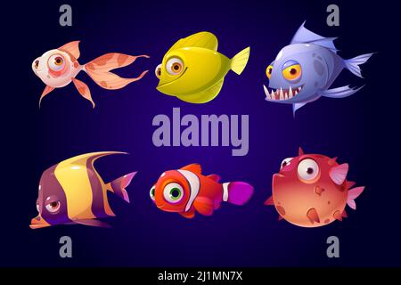 Seefischset, tropisches buntes Aquarium und Ozeanunterwasser Kreaturen mit niedlichen lächelnden Gesichtern und großen Augen, Charaktere für Computerspiel, Goldfisch, Stock Vektor