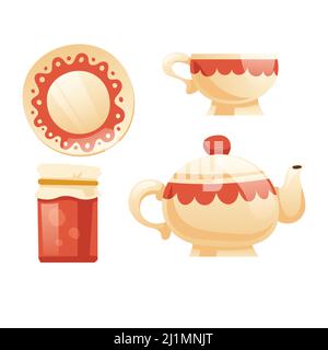 Teeset mit Tasse, Wasserkocher, Untertasse und Marmeladenglas. Vektor Cartoon-Symbole aus Keramik Becher, Teekanne und Teller mit gewelltem roten Muster. Vintage Porzellan Geschirr Stock Vektor