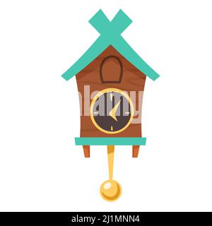 Alte Kuckucksuhr. Vektor-Cartoon-Illustration von hölzernen Großvater Wanduhr mit Gold Pendel und Kabine für Vogel isoliert auf weißem Hintergrund. Vin Stock Vektor