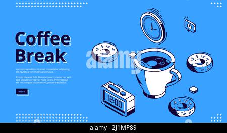 Isometrische Landing Page für Kaffeepausen. Rund um die Uhr und riesige Tasse mit Heißgetränk, Donuts und Wecker mit 12 Uhr auf dem Zifferblatt. Business Person Brea Stock Vektor