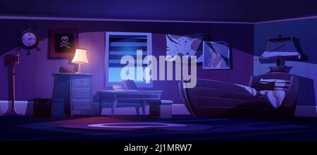 Kinderzimmer in Piraten-Themen bei Nacht. Vektor-Cartoon-Illustration von dunklen Kinderzimmer mit Schiff Bett, glühende Lampe, Kapitän Porträt, st Stock Vektor