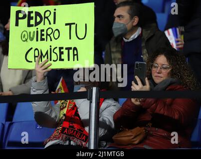 Sabadell, Barcelona, Spanien. 26. März 2022. Barcelona Spanien 26.03.2022 Suppoters Spanien beim Freundschaftsspiel zwischen Spanien und Albanien im RCDE-Stadion am 26. März 2022 in Barcelona. (Bild: © Xavi Urgeles/ZUMA Press Wire) Stockfoto