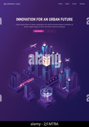 Innovation für die isometrische Landing Page der urbanen Zukunft. Smart City Insel mit Zug- und Flugzeugtransport, 5g-Technologie und ai-Robotern. Futuristisch Stock Vektor