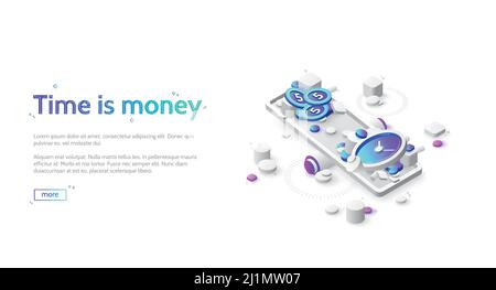 Zeit- und Geldausgleich nach Maß. Zeit ist Geld Geschäftskonzept. Vektor Landing Page von Vergleichsarbeit und Wert, finanzieller Gewinn. Isometrische Symbole o Stock Vektor