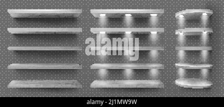 Graue Holzregale mit Hintergrundbeleuchtung, Front- und Eckregale auf transparentem Wandhintergrund. Leere klare beleuchtete Leisten oder Bücherregale. Design-Eeme Stock Vektor