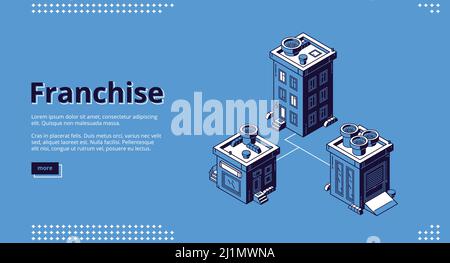 Franchise-Banner. Offene Niederlassung, Erweiterung des Geschäftsmodellkonzepts. Vektor Landing Page des Wachstums Marke Kette Store, Franchising-System mit isometrischen ic Stock Vektor