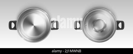 Stahltopf, Kochpfanne Draufsicht. Leerer Metalltopan mit Kunststoffgriffen offen und geschlossen mit Deckel. Edelstahlauflauf auf weißem Hintergrund isoliert Stock Vektor