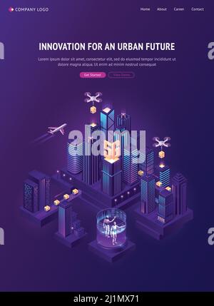 Innovation für die isometrische Landing Page der urbanen Zukunft. Autonome Schiffstechnik. Vektor isometrische Darstellung von Smart City mit Drohnenlieferung ca. Stock Vektor