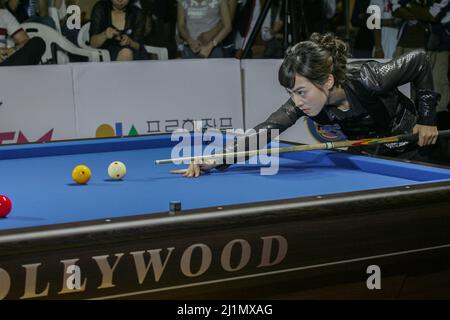 Sep 15, 2007-Goyang, Südkorea-Cha You RAM of South Korea Action während eines XTM International Team Carom Challange Spiels in Goyang, Südkorea. Stockfoto