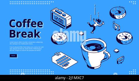Isometrische Landing Page für Kaffeepausen. Mädchen fällt auf riesige Tasse mit heißem Getränk, Donuts und Wecker mit 12 Uhr auf dem Zifferblatt. Business Person Brea Stock Vektor