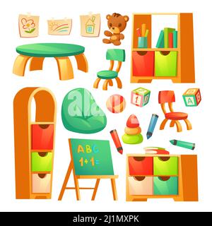 Zimmereinrichtung im montessori Kindergarten mit Büchern im Regal, Tafel, Schreibtisch mit Stühlen. Vektor Cartoon Satz von Möbeln im Klassenzimmer, Kinder paintin Stock Vektor