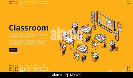 Klassenzimmer isometrische Landing Page, Schule oder Universität Klassenzimmer leeren Innenraum mit Schreibtischen und Tafel mit Diagrammen und Tortendiagramm. Bildungseinrichtung Pl Stock Vektor
