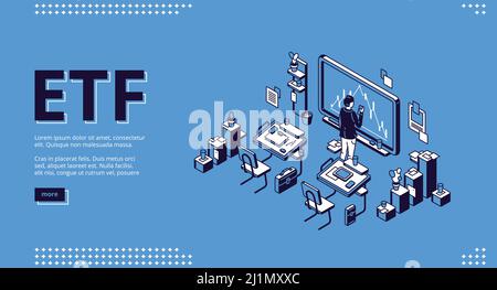 ETF isometrische Landing Page, Exchange Traded Fund Konzept, Geschäftsmann stehen an der Tafel im Büro oder Klassenzimmer beobachten Aktienmarkt Investment Fina Stock Vektor