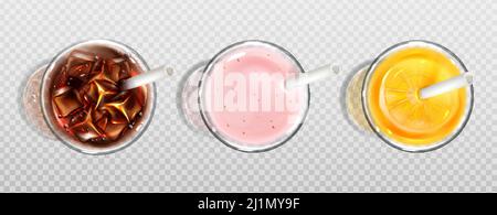 Glas Orangensaft, Cola und Milchshake mit Strohhalmen Draufsicht. Vector realistische Set von kalten Getränken in Glas Tassen, Erdbeer-Cocktail, Soda mit Eis Stock Vektor