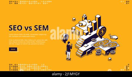 SEO vs. Sem isometrische Landing Page. Digitales Marketing und Suchmaschinenoptimierung. Geschäftsmann mit Handy an der Treppe mit wachsenden Diagramm, Geldscheine Stock Vektor