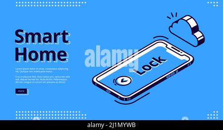 Smart Home-Banner. Technologiekonzept Internet der Dinge. Vektor Landing Page des Haus-Steuerungssystem mit isometrischem Symbol des Mobiltelefons mit securit Stock Vektor