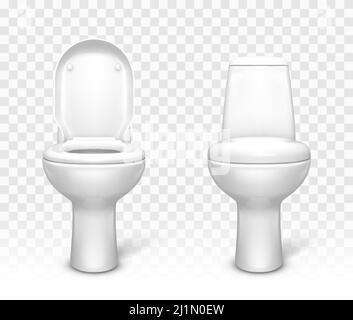 WC mit Sitzgruppe. Weiße Keramik-WC-Schüssel mit geschlossenem und offenem Deckel Vorderansicht Mockup-Vorlage für Innenarchitektur isoliert auf transparenter Rückseite Stock Vektor