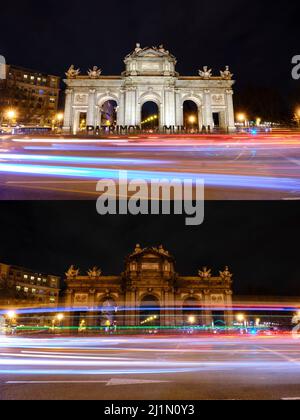 Madrid. 26. März 2022. Combo-Foto zeigt das Alcala-Tor vor (oben) und während der Earth Hour in Madrid, Spanien am 26. März 2022. Quelle: Meng Dingbo/Xinhua/Alamy Live News Stockfoto