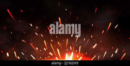 Schweißfunken auf schwarzem Hintergrund isoliert. Vektor realistische Lichteffekt von Metallschweißen oder Schmiede Werke. Fliegende glühende Partikel und Rauch von innen Stock Vektor