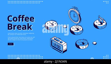 Isometrische Landing Page für Kaffeepausen. Donuts und Wecker mit 12 Uhr auf dem Zifferblatt. Business Person Frühstück, 3d Vektor Illustration, Linie Kunst Web Stock Vektor