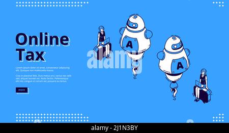 Online steuerliche isometrische Landing Page. Frauen aus der Wirtschaft arbeiten an Laptops mit riesigen Ai-Robotern. Intelligente Technologie für Bankbuchhaltung, Anwendung für int Stock Vektor