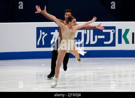 Gabriella Papadakis, die Goldmedaillengewinnerin Frankreichs, und Guillaume Cizeron treten am 27. März 2022 beim Eiskunstlauf-Event der ISU 2022 in Montpellier, Südfrankreich, auf.Foto von Patrick Aventurier/ABACAPRESS.COM Stockfoto