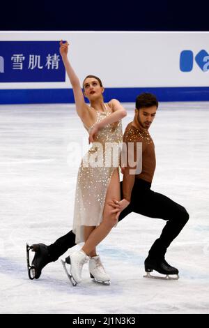 Gabriella Papadakis, die Goldmedaillengewinnerin Frankreichs, und Guillaume Cizeron treten am 27. März 2022 beim Eiskunstlauf-Event der ISU 2022 in Montpellier, Südfrankreich, auf.Foto von Patrick Aventurier/ABACAPRESS.COM Stockfoto