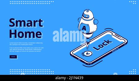Smart Home-Banner. Technologiekonzept Internet der Dinge. Vektor Landing Page des Haus-Steuerungssystem mit isometrischem Handy-Symbol, Bildschirm mit Lo Stock Vektor