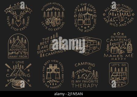 Set von Camping-Abzeichen, Patches. Vektorgrafik. Konzept für Hemd oder Logo, Print, Stempel oder T-Shirt. Vintage Line Art Design mit Wohnmobil Stock Vektor