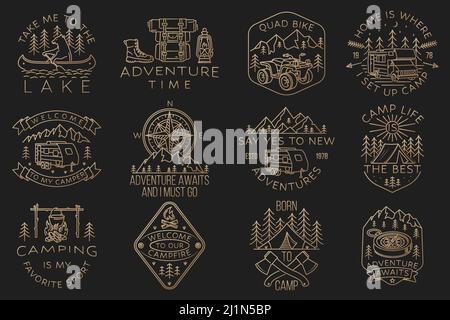 Set von Camping-Abzeichen, Patches. Vektorgrafik. Konzept für Hemd oder Logo, Print, Stempel oder T-Shirt. Vintage Line Art Design mit Bär im Kanu, See Stock Vektor