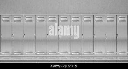 Schließfächer aus Stahl im Schulflur oder Umkleideraum im Fitnessstudio. Vector realistische Interieur mit einzelnen Metallschränken mit geschlossenen Türen in Sport oder fitne Stock Vektor