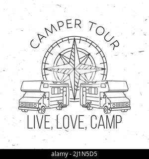 Camper-Tour. Leben, lieben, zelten. Camping-Zitat. Vektorgrafik. Konzept für Hemd oder Logo, Print, Stempel oder T-Shirt. Vintage Line Art Design mit 3D Stock Vektor