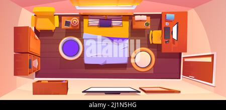 Schlafzimmer Innenansicht von oben. Vector Cartoon leeres Schlafzimmer mit Kingsize-Bett, tv und Spiegel an der Wand, Arbeitsbereich mit Schreibtisch und Computer, Bücherregal, Stock Vektor