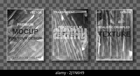 Transparente Zellophan-Stretchfolie zum Verpacken von Lebensmittel- und Schutzverpackungen. Vector realistische Mockup aus klarem Polyethylen, zerknittert elastische Folie m Stock Vektor