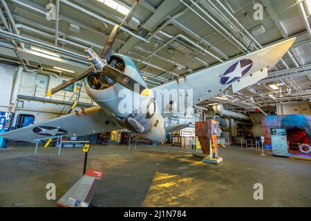 San Diego, California, USA - JULI 2018: Grumman F4F Wildcat Fighter of 1940 in USS Midway Battleship Aviation Museum. US-Marine Stockfoto