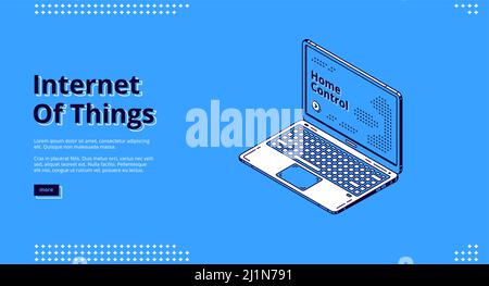 Internet der Dinge isometrisches Webbanner. Laptop mit Home Control Schriftzug auf dem Bildschirm, Smart House, iot-Technologie für Home Control,. 3d-Vektorillust Stock Vektor