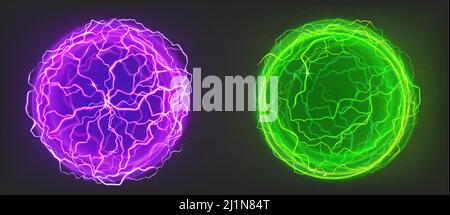Elektrische Kugeln, Blitzkreis Streik, Plasma-Kugeln lila und grünen Farben. Starke elektrische Entladung, magische Energie Blitz isoliert auf schwarz Stock Vektor