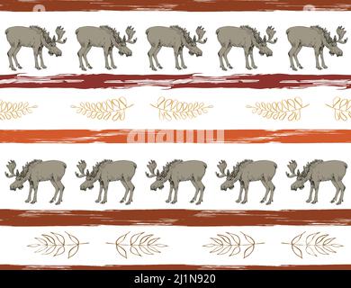Nahtloses Muster aus Elch, Grunge-Streifen, Blätter auf Weiß. Design im flachen Stil von wilden Tieren. Handgezeichnete Vektorgrafik für Abzüge, von Kleidung Stock Vektor