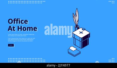 Banner „Büro zu Hause“. Remote Work Konzept. Vektor Landing Page von Home Freelance mit isometrischen Symbol von vintage Tintenfass, Feder und Papier auf blau BA Stock Vektor