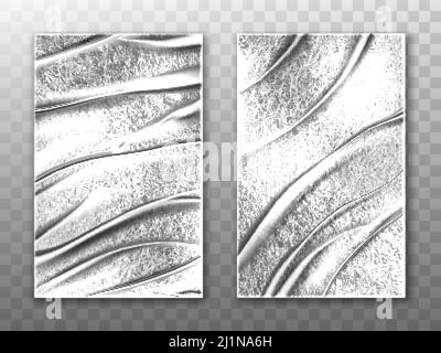 Folienblätter, silberne Stretchfolie zum Verpacken von Lebensmittel- und Schutzverpackungen. Vektor realistisches Modell von zerknittert aliminum Folie mit rauer Oberfläche Text Stock Vektor