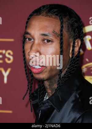 BEL AIR, LOS ANGELES, KALIFORNIEN, USA - 26. MÄRZ: Rapper Tyga (Micheal Ray Stevenson) kommt bei der Darren Dzienciol and Richie Akiva Oscar Party 2022 an, die am 26. März 2022 in einer Privatresidenz in Bel Air, Los Angeles, Kalifornien, USA, stattfand. (Foto von Xavier Collin/Image Press Agency) Stockfoto