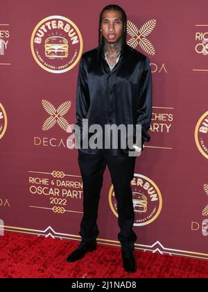 BEL AIR, LOS ANGELES, KALIFORNIEN, USA - 26. MÄRZ: Rapper Tyga (Micheal Ray Stevenson) kommt bei der Darren Dzienciol and Richie Akiva Oscar Party 2022 an, die am 26. März 2022 in einer Privatresidenz in Bel Air, Los Angeles, Kalifornien, USA, stattfand. (Foto von Xavier Collin/Image Press Agency) Stockfoto