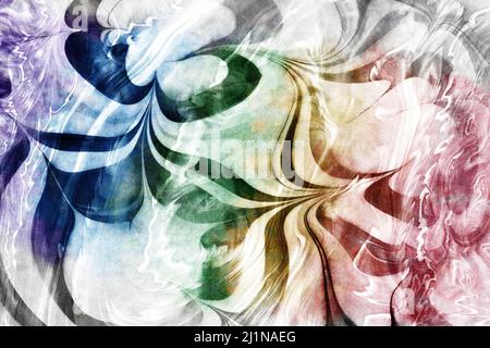 Wasserwellen-Illustration, japanisches Schwarz und Regenbogen Marmorpapier abstrakt, natürliche Grunge Textur Hintergrund, Tinte Kunst Stockfoto