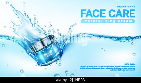 Gesichtscreme Paket in Wasser spritzen. Vektor realistische Marke Poster mit feuchtigkeitsspendenden Hautpflegegel oder Make-up-Kosmetik in Glas. Werbebanner, Adver Stock Vektor