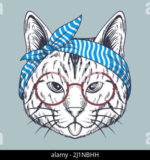 Katze, die mit einer roten Brille und einem Bandana von Hand gezeichnet wurde Stock Vektor