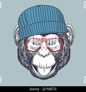 Schimpansen-Affe mit roter Brille und Beanie von Hand gezeichnet Stock Vektor